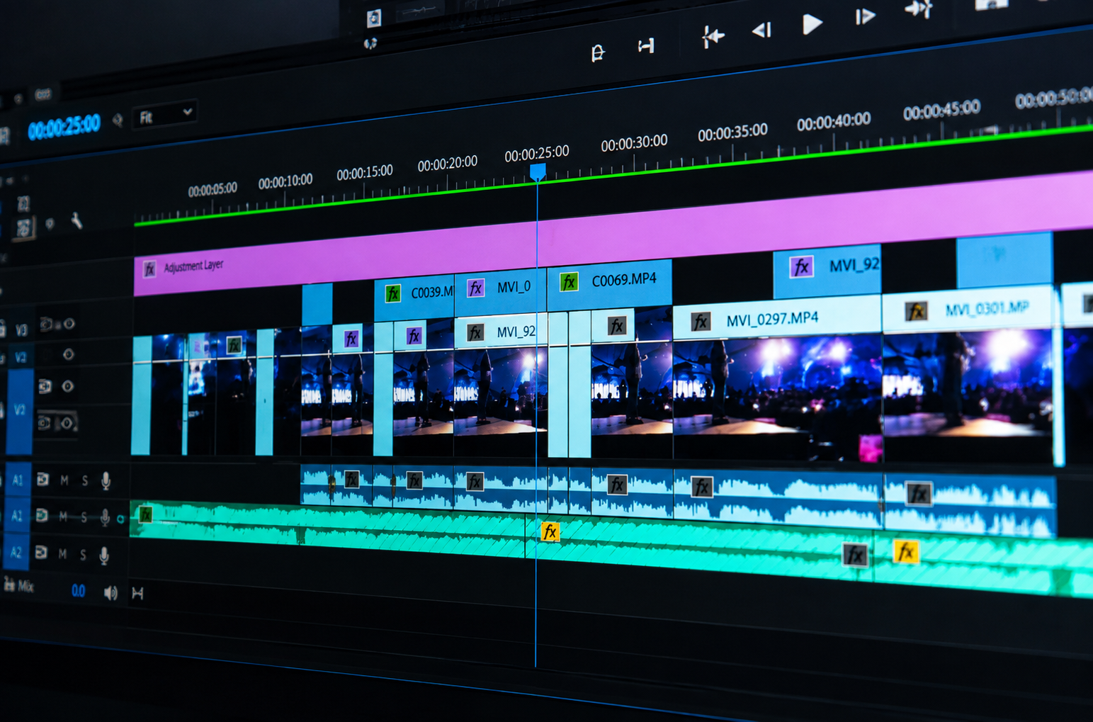 Video editor crafting cinematic timeline cuts and 2D motion graphics animations